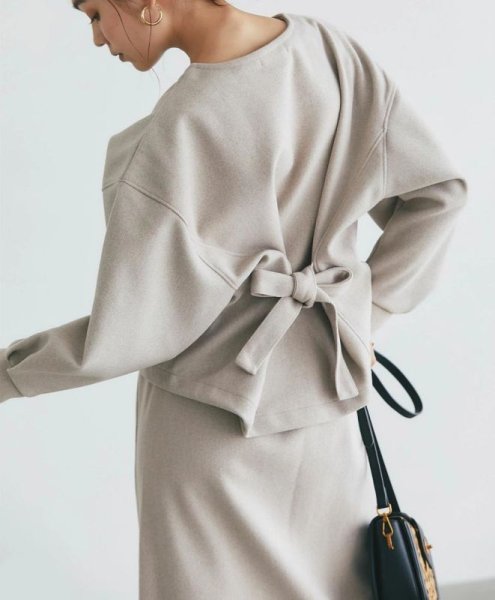 画像3: Women's  Back ribbon wool crew neck jacket & skirt set two-piece suit set up   バックリボン縛りラウンドネックウールジャケット＆スカートツーピーススーツセットアップ (3)