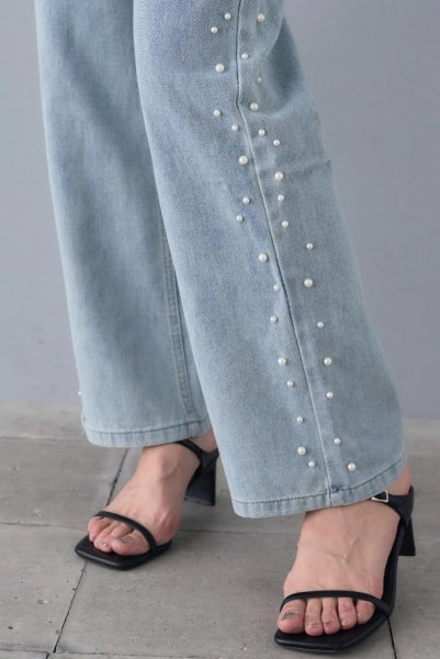 画像6: Washed Light Blue Side Pearl Straight Wide Leg Jeans Denim　ウォッシュドライトブルーサイドパールストレートワイドレッグジーンズデニムパンツ (6)