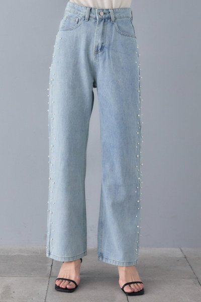 画像7: Washed Light Blue Side Pearl Straight Wide Leg Jeans Denim　ウォッシュドライトブルーサイドパールストレートワイドレッグジーンズデニムパンツ (7)