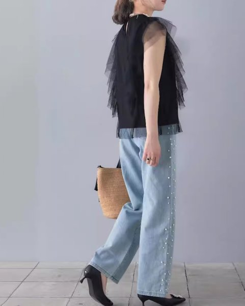 画像4: Washed Light Blue Side Pearl Straight Wide Leg Jeans Denim　ウォッシュドライトブルーサイドパールストレートワイドレッグジーンズデニムパンツ (4)