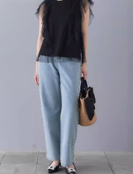 画像2: Washed Light Blue Side Pearl Straight Wide Leg Jeans Denim　ウォッシュドライトブルーサイドパールストレートワイドレッグジーンズデニムパンツ (2)