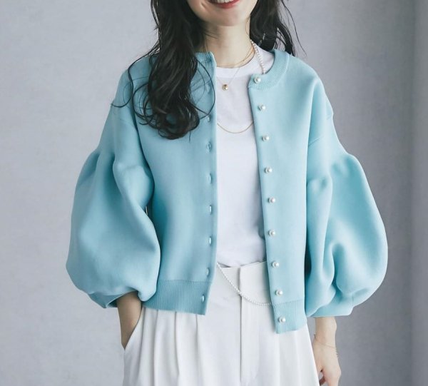画像17: Women's Pearl button lantern sleeve cardigan that can be worn both front and back　パールボタンランタン スリーブ前と後ろの両方着用可能カーディガン (17)