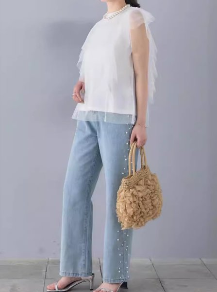 画像3: Washed Light Blue Side Pearl Straight Wide Leg Jeans Denim　ウォッシュドライトブルーサイドパールストレートワイドレッグジーンズデニムパンツ (3)