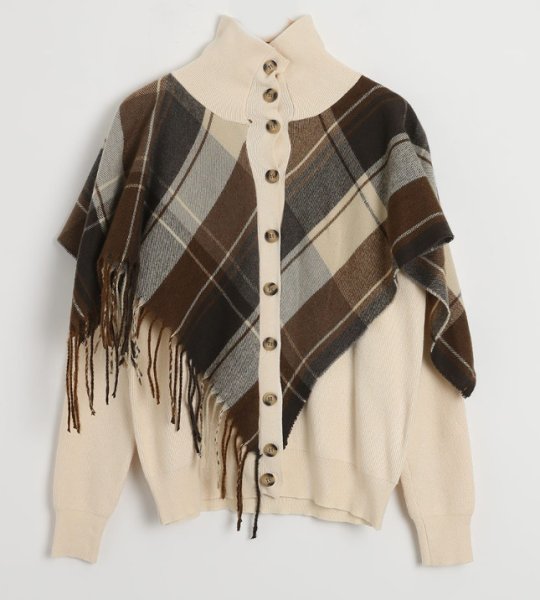 画像4: Women's  High neck cardigan with checkered tassel shawl Sweater knit　チェックフリンジショール付きハイネックカーディガンセーター ニット (4)