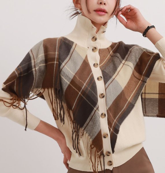 画像7: Women's  High neck cardigan with checkered tassel shawl Sweater knit　チェックフリンジショール付きハイネックカーディガンセーター ニット (7)