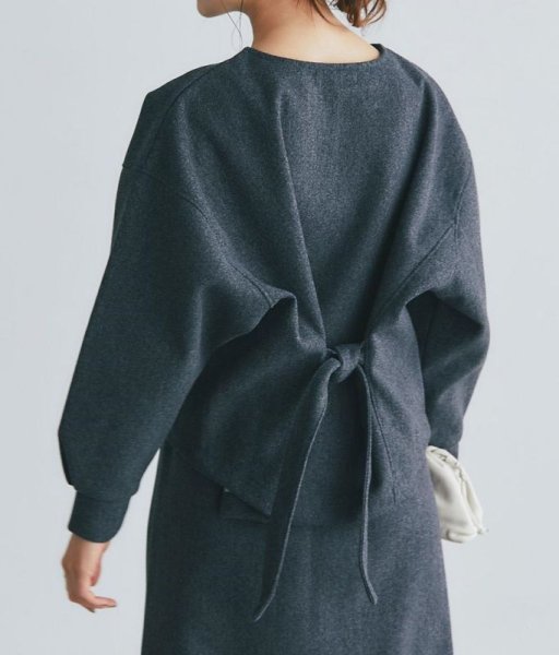 画像2: Women's  Back ribbon wool crew neck jacket & skirt set two-piece suit set up   バックリボン縛りラウンドネックウールジャケット＆スカートツーピーススーツセットアップ (2)