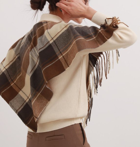 画像6: Women's  High neck cardigan with checkered tassel shawl Sweater knit　チェックフリンジショール付きハイネックカーディガンセーター ニット (6)