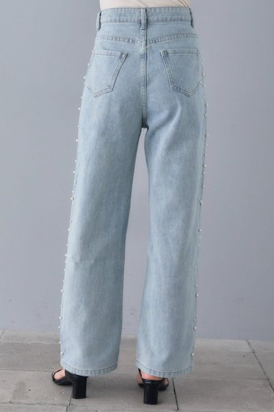 画像8: Washed Light Blue Side Pearl Straight Wide Leg Jeans Denim　ウォッシュドライトブルーサイドパールストレートワイドレッグジーンズデニムパンツ (8)