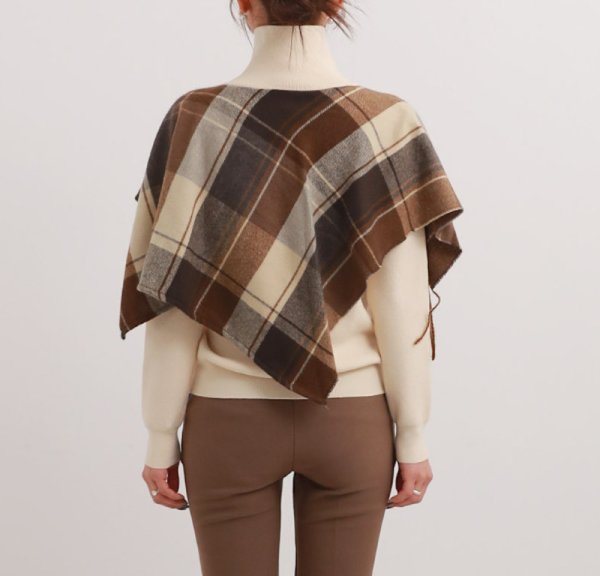 画像8: Women's  High neck cardigan with checkered tassel shawl Sweater knit　チェックフリンジショール付きハイネックカーディガンセーター ニット (8)