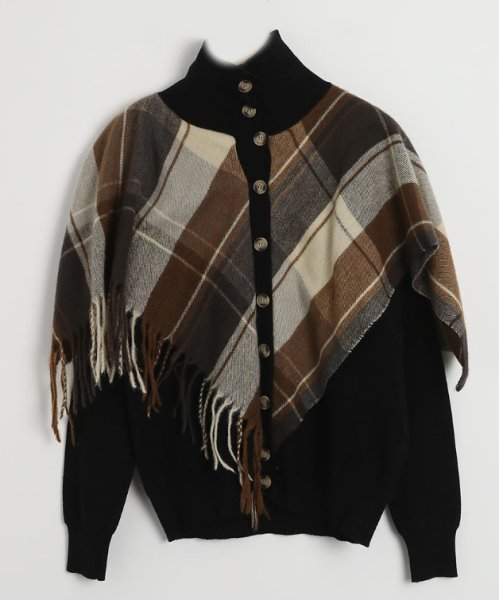 画像2: Women's  High neck cardigan with checkered tassel shawl Sweater knit　チェックフリンジショール付きハイネックカーディガンセーター ニット (2)