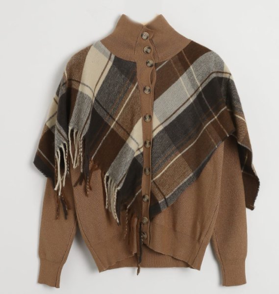 画像3: Women's  High neck cardigan with checkered tassel shawl Sweater knit　チェックフリンジショール付きハイネックカーディガンセーター ニット (3)