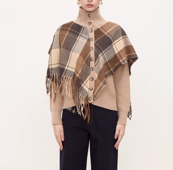 画像9: Women's  High neck cardigan with checkered tassel shawl Sweater knit　チェックフリンジショール付きハイネックカーディガンセーター ニット (9)