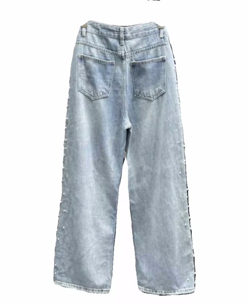 画像9: Washed Light Blue Side Pearl Straight Wide Leg Jeans Denim　ウォッシュドライトブルーサイドパールストレートワイドレッグジーンズデニムパンツ (9)