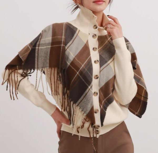 画像5: Women's  High neck cardigan with checkered tassel shawl Sweater knit　チェックフリンジショール付きハイネックカーディガンセーター ニット (5)