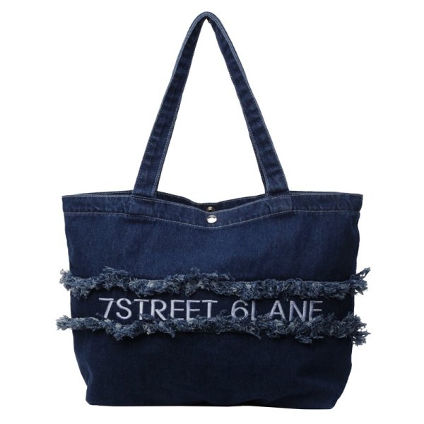 画像1: Denim fringe logo embroidered tote shoulder bag　ユニセックス男女兼用デニムフリンジロゴ刺繍エコトートショルダーバッグ (1)