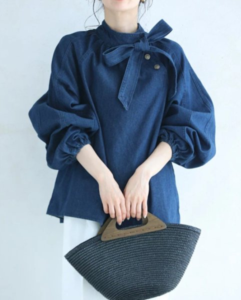 画像2: Women's Lace-up ribbon bowtie denim dungaree blouse shirt　 レースアップリボンボウタイデニムダンガリー ブラウスシャツ  (2)