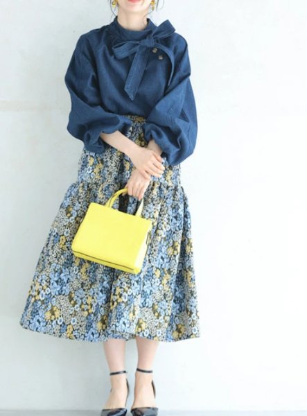 画像4: Women's Lace-up ribbon bowtie denim dungaree blouse shirt　 レースアップリボンボウタイデニムダンガリー ブラウスシャツ  (4)