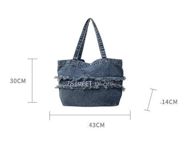 画像6: Denim fringe logo embroidered tote shoulder bag　ユニセックス男女兼用デニムフリンジロゴ刺繍エコトートショルダーバッグ (6)