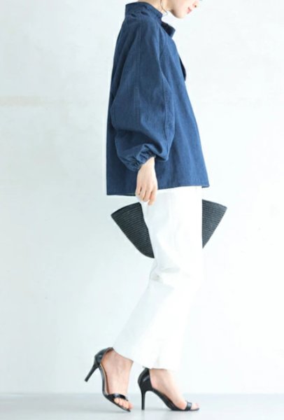 画像3: Women's Lace-up ribbon bowtie denim dungaree blouse shirt　 レースアップリボンボウタイデニムダンガリー ブラウスシャツ  (3)
