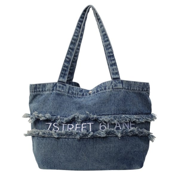 画像2: Denim fringe logo embroidered tote shoulder bag　ユニセックス男女兼用デニムフリンジロゴ刺繍エコトートショルダーバッグ (2)