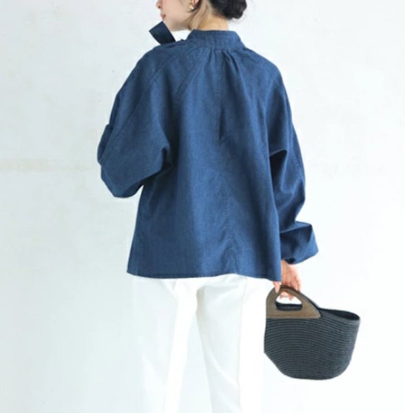 画像5: Women's Lace-up ribbon bowtie denim dungaree blouse shirt　 レースアップリボンボウタイデニムダンガリー ブラウスシャツ  (5)