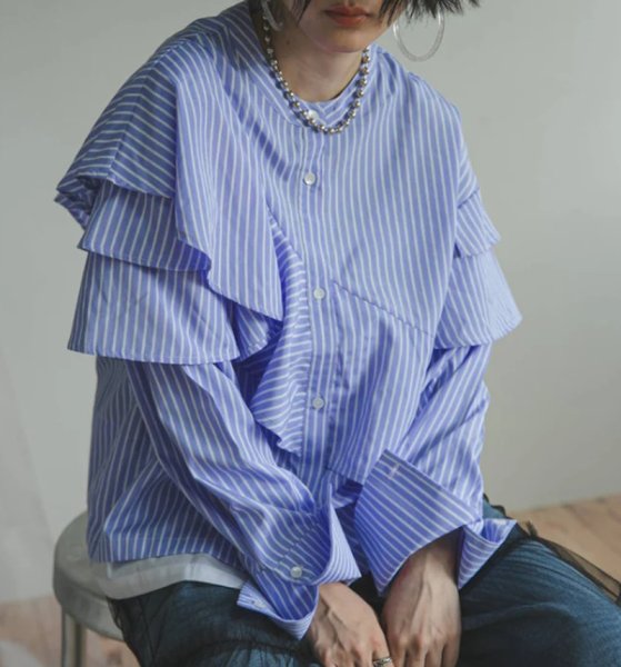 画像7: Women's Striped double frill stand-up collar blouse　ストライプ ダブルフリルスタンドカラー ブラウスシャツ  (7)