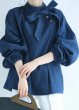 画像1: Women's Lace-up ribbon bowtie denim dungaree blouse shirt　 レースアップリボンボウタイデニムダンガリー ブラウスシャツ  (1)