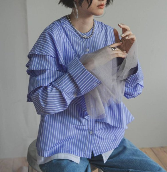 画像6: Women's Striped double frill stand-up collar blouse　ストライプ ダブルフリルスタンドカラー ブラウスシャツ  (6)