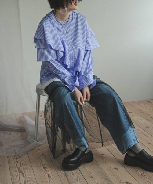 画像3: Women's Striped double frill stand-up collar blouse　ストライプ ダブルフリルスタンドカラー ブラウスシャツ  (3)