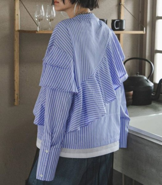 画像8: Women's Striped double frill stand-up collar blouse　ストライプ ダブルフリルスタンドカラー ブラウスシャツ  (8)