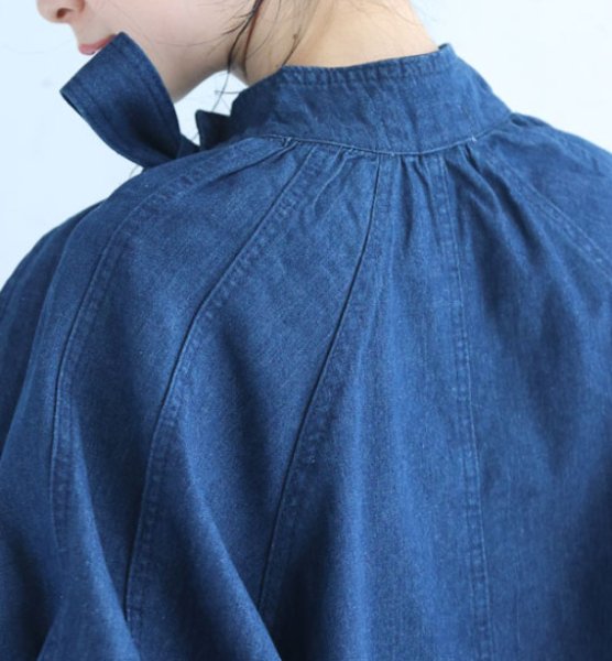 画像6: Women's Lace-up ribbon bowtie denim dungaree blouse shirt　 レースアップリボンボウタイデニムダンガリー ブラウスシャツ  (6)