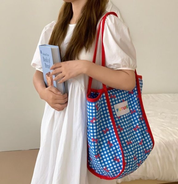 画像7: Ribbon Pattern Check Spaghetti Strap Shoulder Shopping Liman Handle Shoulder Tote Bag　ユニセックス男女兼用リボン柄チェックスパゲッティストラップショルダーショッピングリマンハンドルショルダートートバッグ (7)