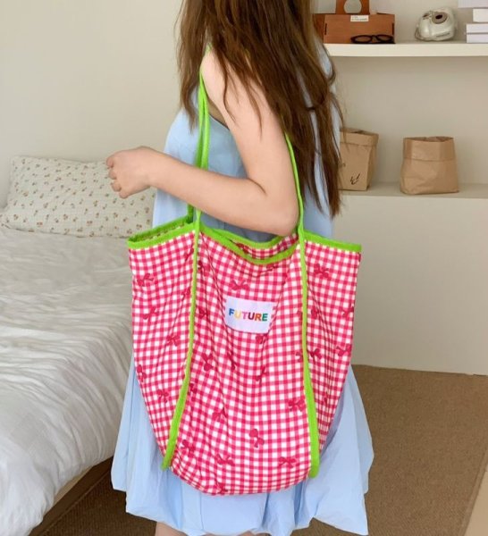 画像11: Ribbon Pattern Check Spaghetti Strap Shoulder Shopping Liman Handle Shoulder Tote Bag　ユニセックス男女兼用リボン柄チェックスパゲッティストラップショルダーショッピングリマンハンドルショルダートートバッグ (11)