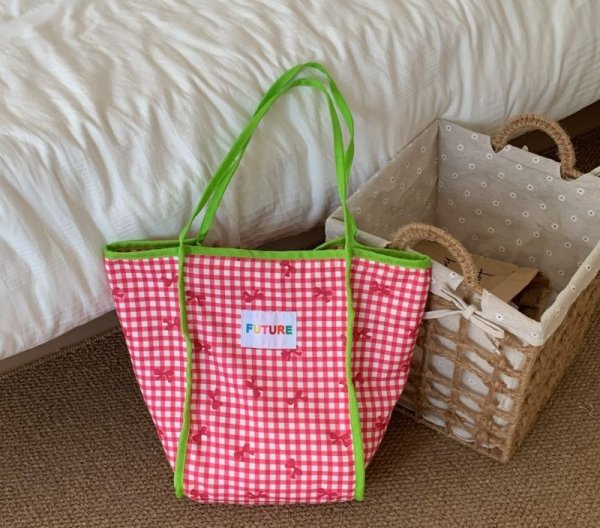 画像3: Ribbon Pattern Check Spaghetti Strap Shoulder Shopping Liman Handle Shoulder Tote Bag　ユニセックス男女兼用リボン柄チェックスパゲッティストラップショルダーショッピングリマンハンドルショルダートートバッグ (3)