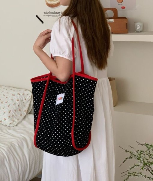 画像10: Ribbon Pattern Check Spaghetti Strap Shoulder Shopping Liman Handle Shoulder Tote Bag　ユニセックス男女兼用リボン柄チェックスパゲッティストラップショルダーショッピングリマンハンドルショルダートートバッグ (10)