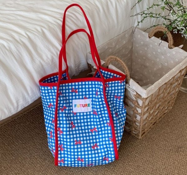 画像5: Ribbon Pattern Check Spaghetti Strap Shoulder Shopping Liman Handle Shoulder Tote Bag　ユニセックス男女兼用リボン柄チェックスパゲッティストラップショルダーショッピングリマンハンドルショルダートートバッグ (5)