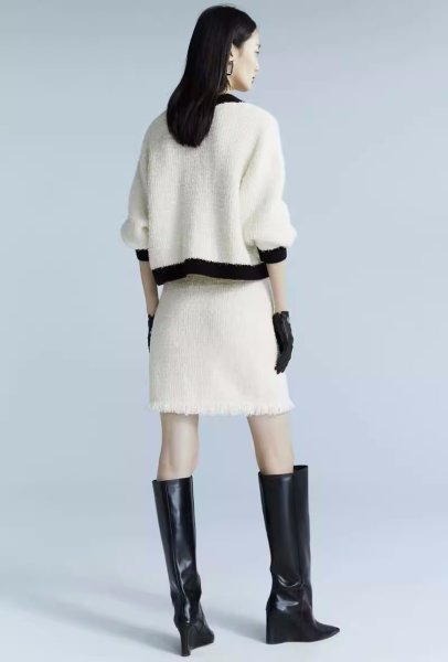 画像6: Women's V-neck piping knit jacket and fringe tight skirt set set up   パイピングVネックジャケット＆フリンジスカートニットツーピーススーツセットアップ (6)