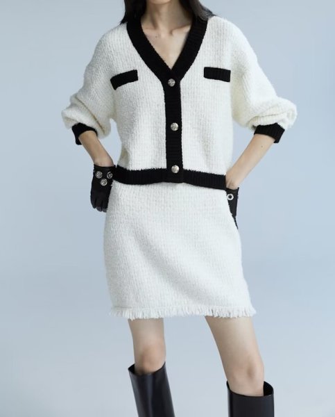 画像5: Women's V-neck piping knit jacket and fringe tight skirt set set up   パイピングVネックジャケット＆フリンジスカートニットツーピーススーツセットアップ (5)