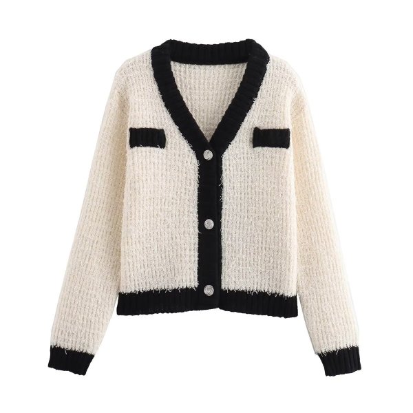 画像2: Women's V-neck piping knit jacket and fringe tight skirt set set up   パイピングVネックジャケット＆フリンジスカートニットツーピーススーツセットアップ (2)