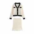 画像1: Women's V-neck piping knit jacket and fringe tight skirt set set up   パイピングVネックジャケット＆フリンジスカートニットツーピーススーツセットアップ (1)