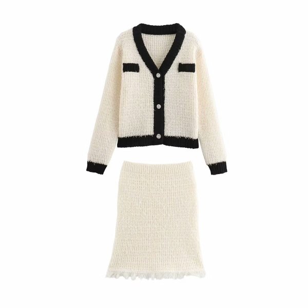 画像1: Women's V-neck piping knit jacket and fringe tight skirt set set up   パイピングVネックジャケット＆フリンジスカートニットツーピーススーツセットアップ (1)