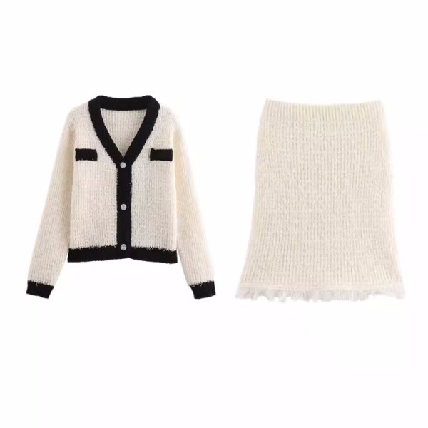 画像7: Women's V-neck piping knit jacket and fringe tight skirt set set up   パイピングVネックジャケット＆フリンジスカートニットツーピーススーツセットアップ (7)