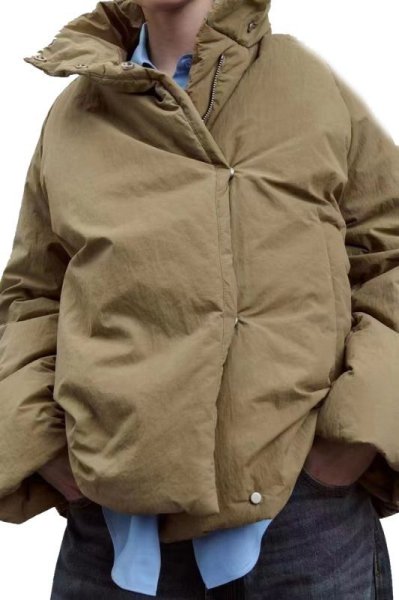 画像1: Women's Stand collar khaki down short cotton coat jacket　スタンドカラーカーキダウンショートコットンコートジャケットジャケット (1)