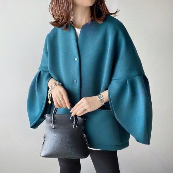 画像2: Women's Round neck drop shoulder semicircular shell sleeve cardigan jacket coatouter  ラウンドネックドロップショルダー半円シェルスリーブカーディガンコートジャケット (2)