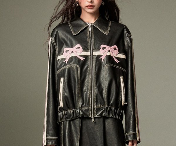 画像5: Women's Ribbon Black Leather Jacket Blouson coat　リボンレザージャケット コート  (5)