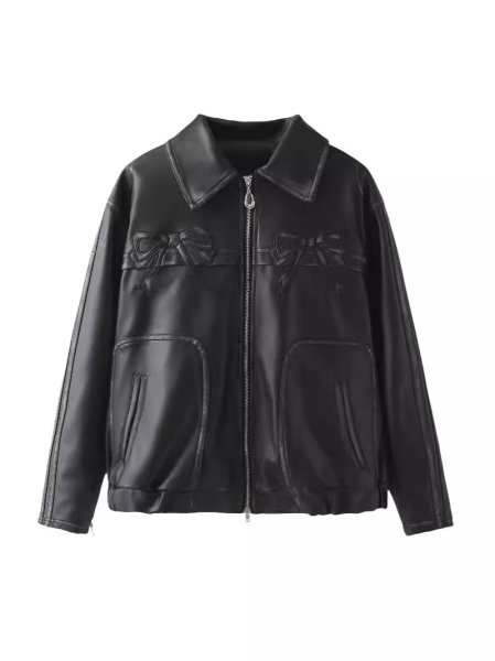 画像6: Women's Ribbon Black Leather Jacket Blouson coat　リボンレザージャケット コート  (6)