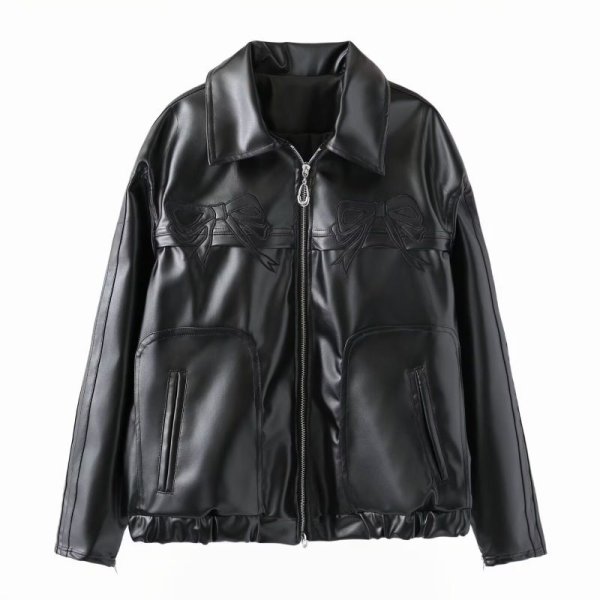 画像3: Women's Ribbon Black Leather Jacket Blouson coat　リボンレザージャケット コート  (3)