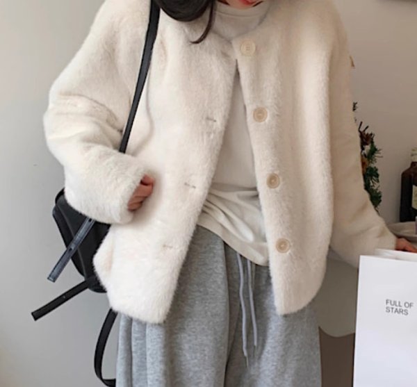 画像6: Women's Fake mink fur no collar jacket coat　ノーカラーフェイクミックファーショート丈ジャケット コート  (6)