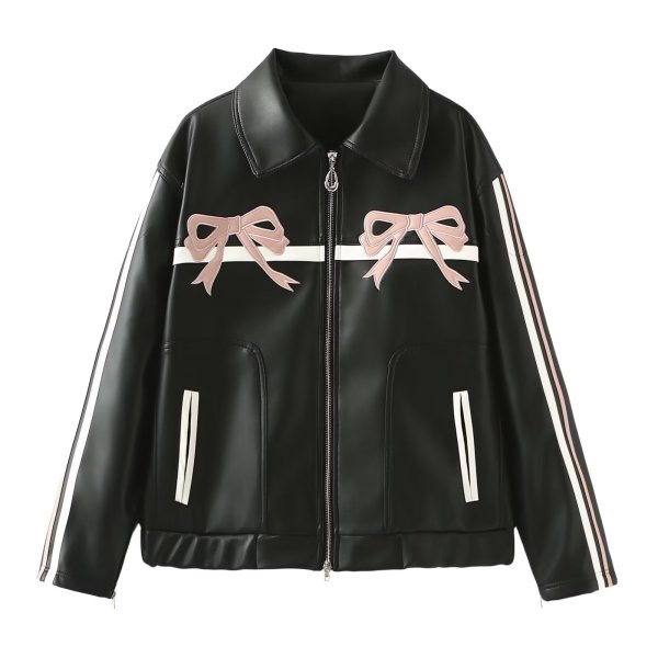 画像2: Women's Ribbon Black Leather Jacket Blouson coat　リボンレザージャケット コート  (2)