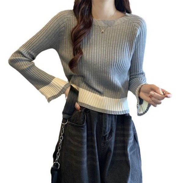 画像1: Women's Bell sleeve bottling short body length sweater  Sweater knit　ベルスリーブボトリングショート丈 リブセーターセーター ニット (1)